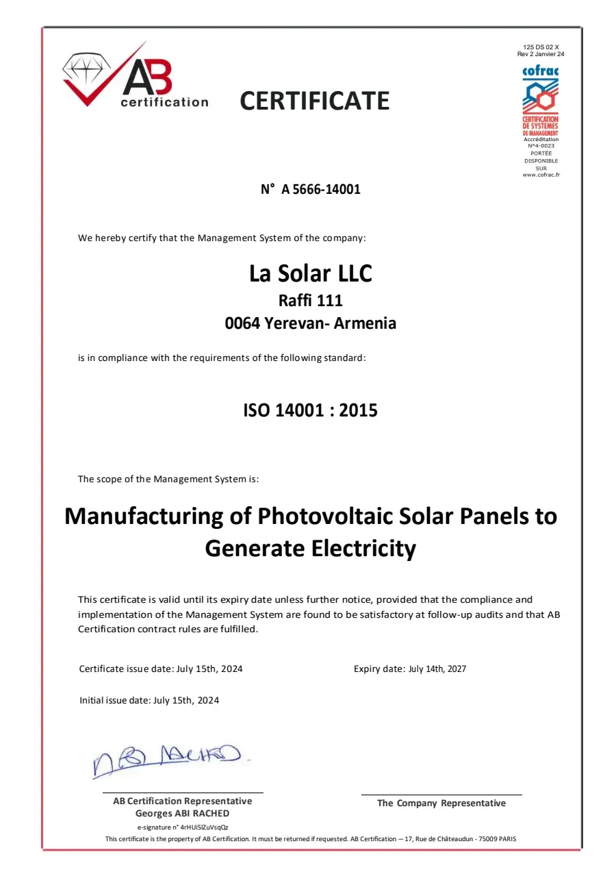 ISO 14001:2015 certificate