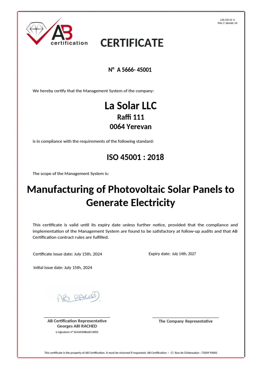 ISO 45001:2018 certificate